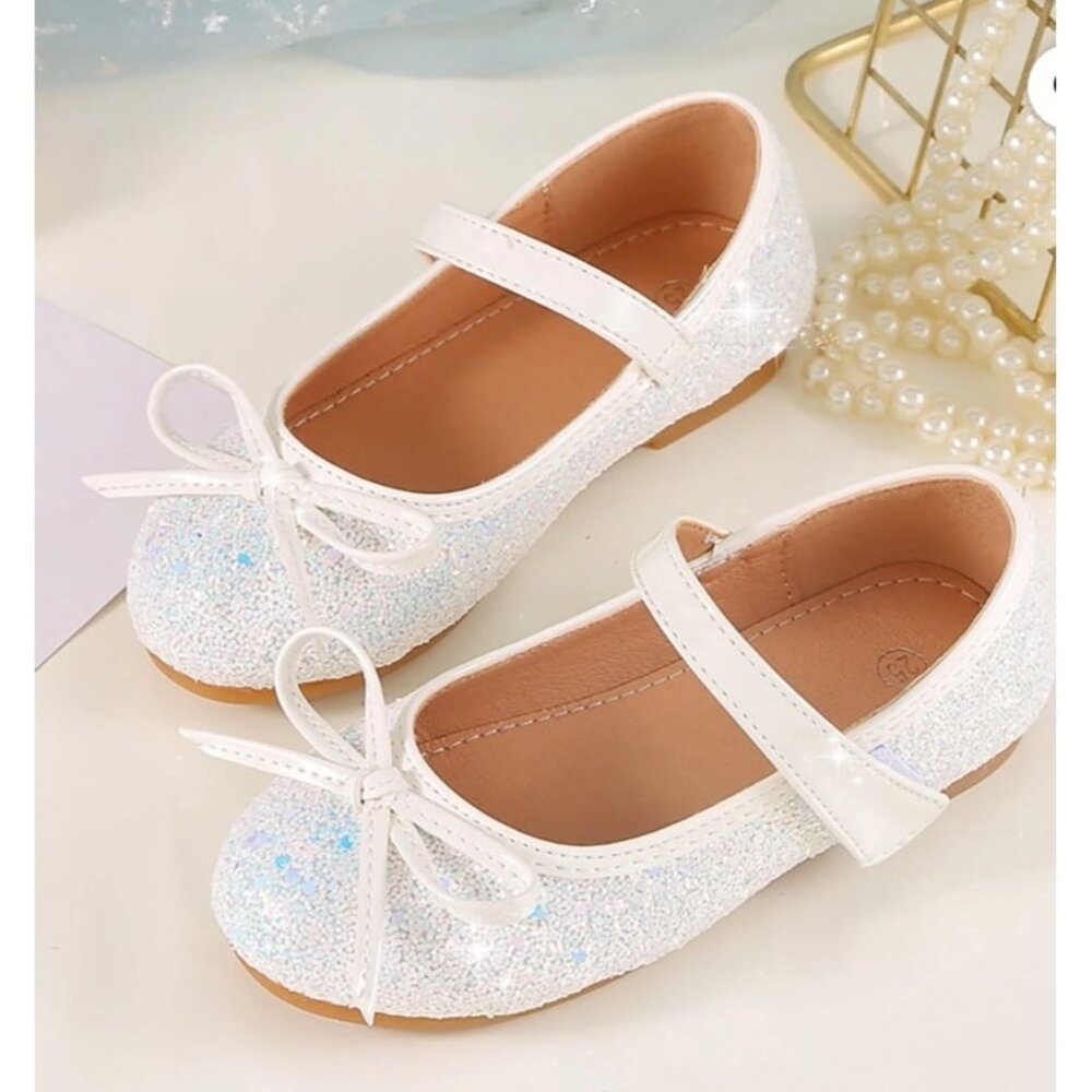 Girls Cat & Jack White Glitter Mary Jane Ballet Flats With Bow Size 6 NWT